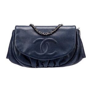 Chanel caviar leather navy blue half moon wallet on chain bag